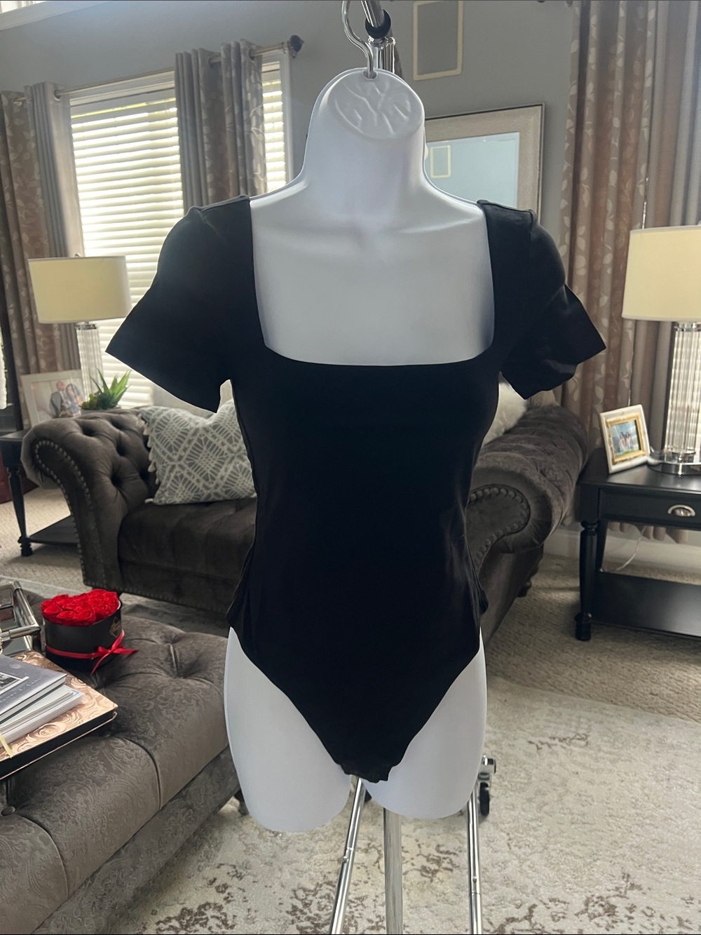 Artzia Black Square-Neck Short Sleeve Bodysuit - Women